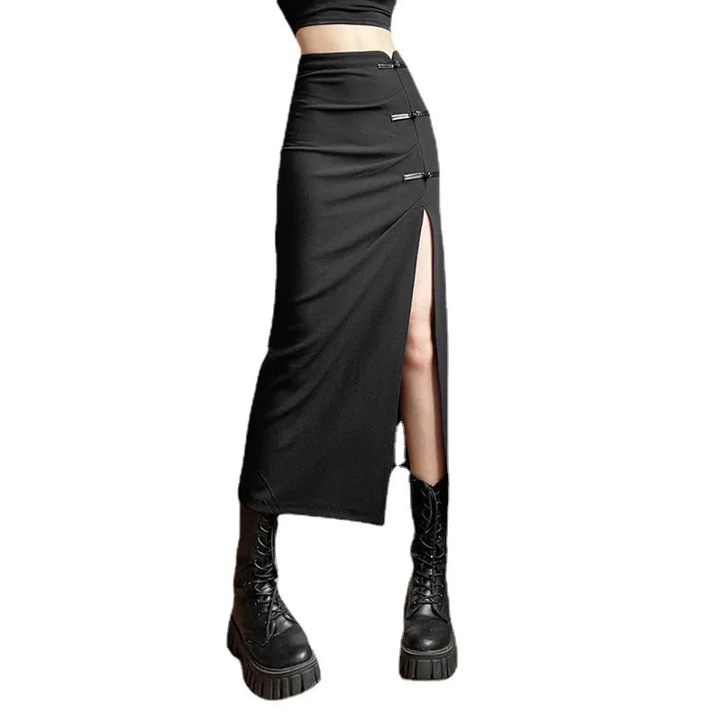 Women Skirt Mid-length Solid A-line Waist Sexy Slits Slim Streetwear High Long Hip-covering Black