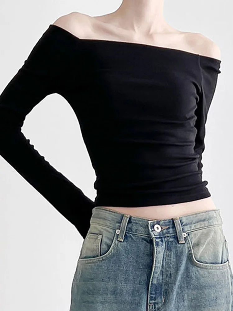 AMY - Elegant Slim Sexy Cropped Black Long Sleeve Korean Fall Crop Top