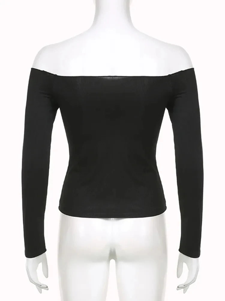 AMY - Elegant Slim Sexy Cropped Black Long Sleeve Korean Fall Crop Top