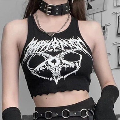 Crop Head Punk Black Sexy Grunge Top O-neck Sleeveless Summer Knitted Goat Print Goth