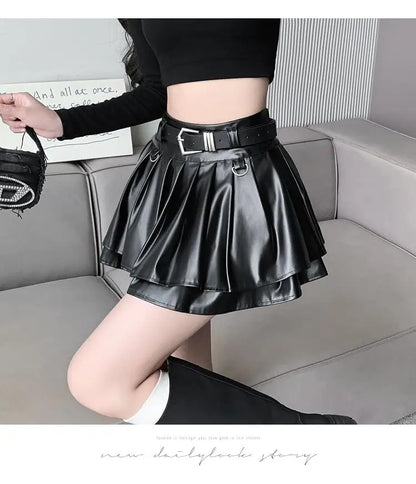 With Belt Pleated PU Leather Ball Gown High Waist Slim A-line Skirt