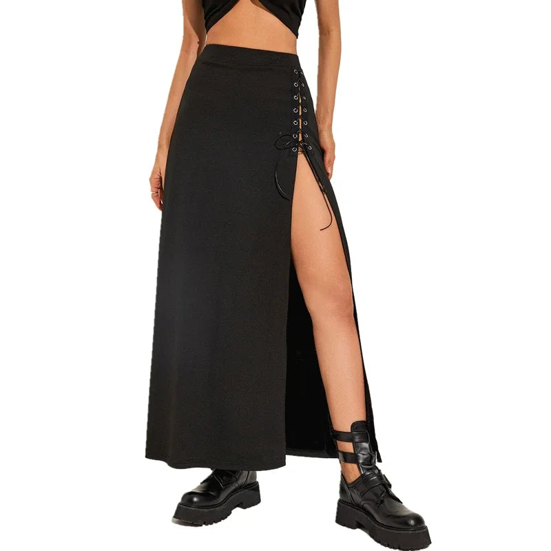 Vitality Simple Cool Split Skirt All-Match Casual Mature Black Sexy