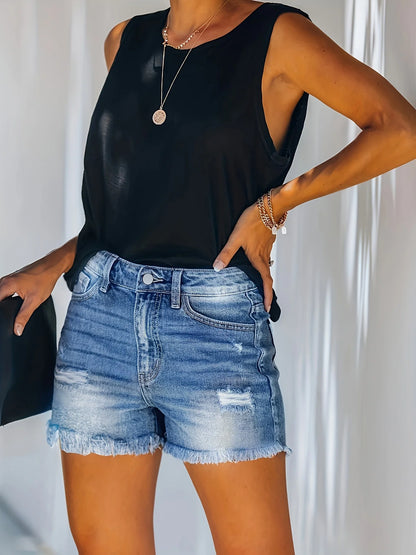 Amy Fashion - Blue Frayed Hem Denim Shorts Ripped Holes Slash Pockets Short Denim Jean