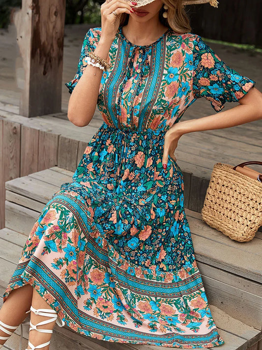 Amy Fashion - Vintage Round Neck A-Line Boho Dress