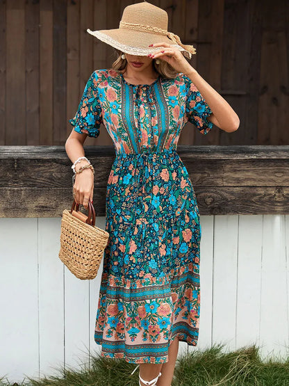 Amy Fashion - Vintage Round Neck A-Line Boho Dress