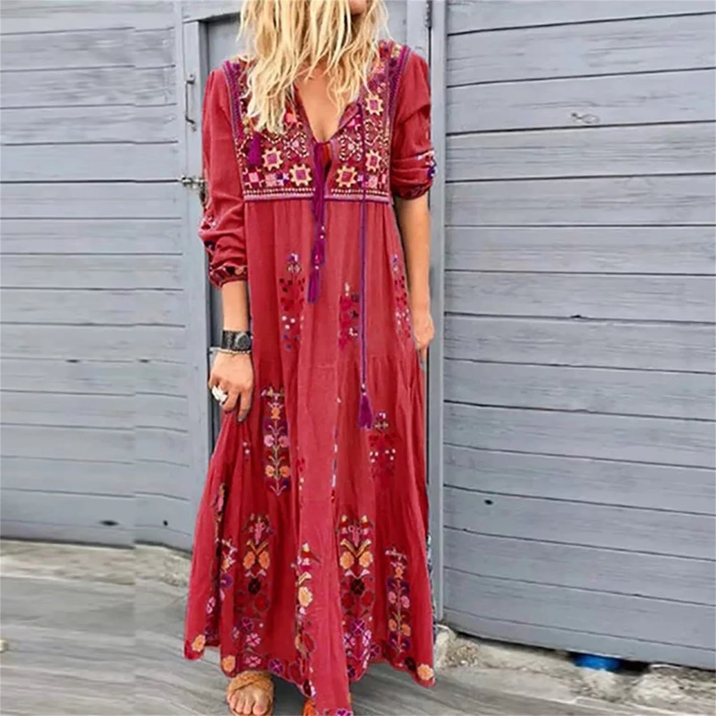 Amy Fashion - Bohemian Flower Elegant Long Floral V Neck Boho Dress