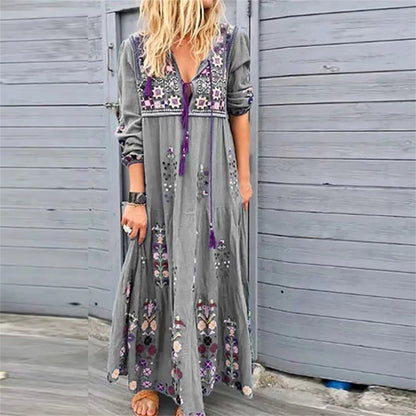 Amy Fashion - Bohemian Flower Elegant Long Floral V Neck Boho Dress