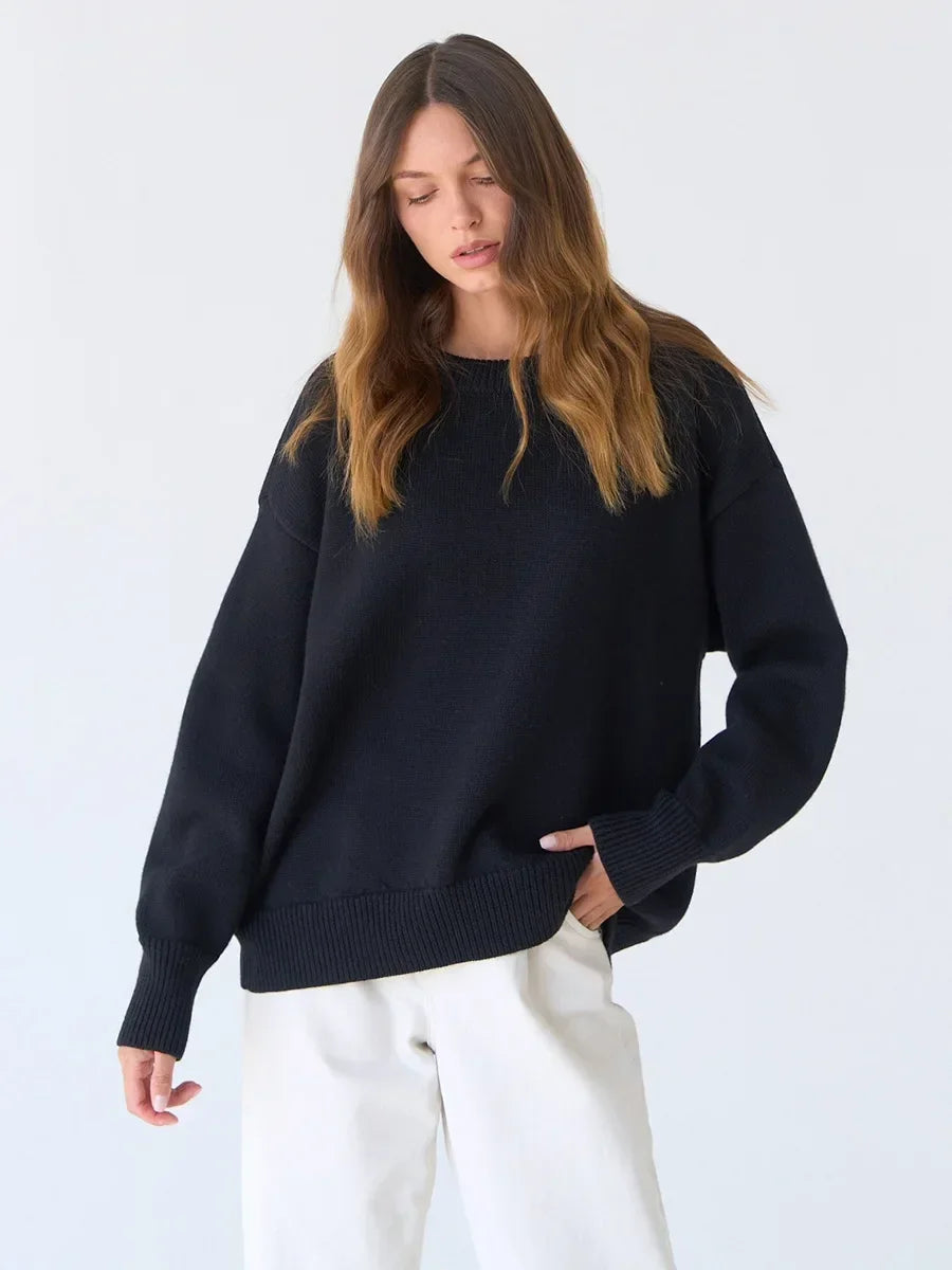 Women O Neck Autumn Winter Thick Warm Pullover Oversized Casual Loose Knitted Jumper Cozy Stylish Sweater