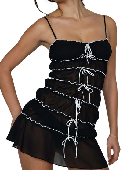 Amy Fashion - Sexy Women Sleeveless Casual Sling Spaghetti Strap See Through Tie-up  Sexy Y2K Party Vestidos