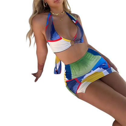 Amy Fashion - Colorful Geomatic Print Sexy Deep V neck Halter Mini Dress