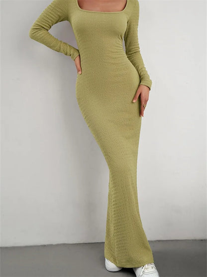 Amy Fashion - Elegant Women Knitted   Sleeve Square Neck Solid Slim Fit Spring Autumn Cocktail Female Vestidos