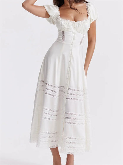 Amy Fashion - Elegant Women Short Sleeve Front Buttons Up   Lace Hollow Out High Waist White OL Summer Vestidos