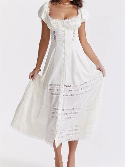 Amy Fashion - Elegant Women Short Sleeve Front Buttons Up   Lace Hollow Out High Waist White OL Summer Vestidos