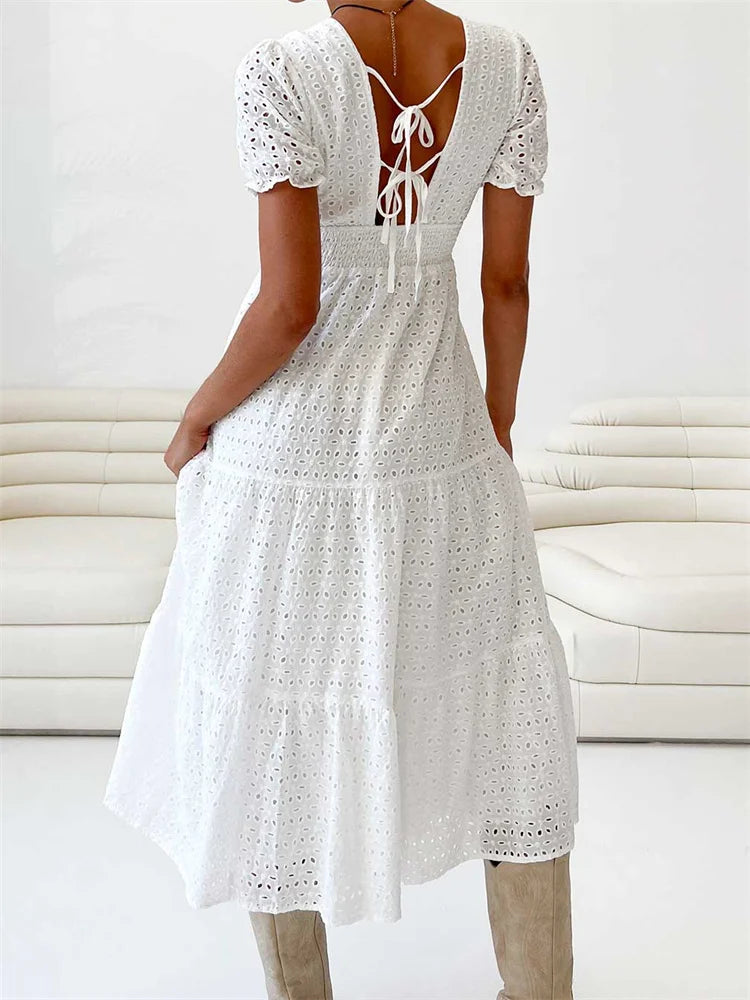 Amy Fashion - Elegant Women Summer Short Sleeve A-Line Solid V-neck Lace Floral Backless Tie-up  Party Vestido