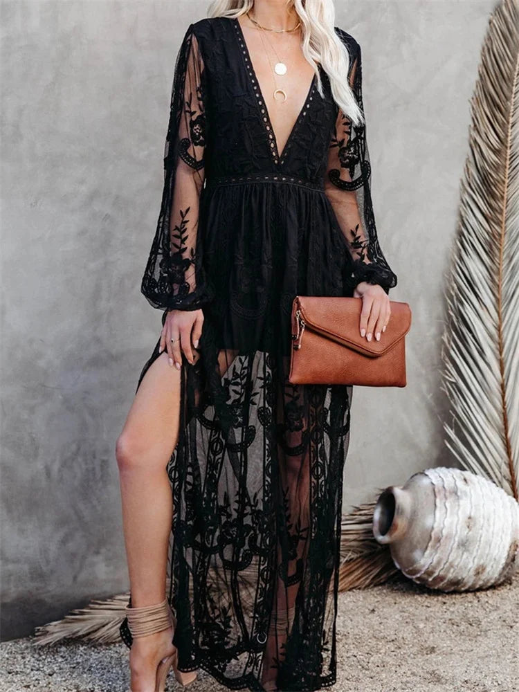 Amy Fashion - Lace Floral Mesh See Through    Summer Deep V-neck  Lantern Sleeve Beach Female Vestidos