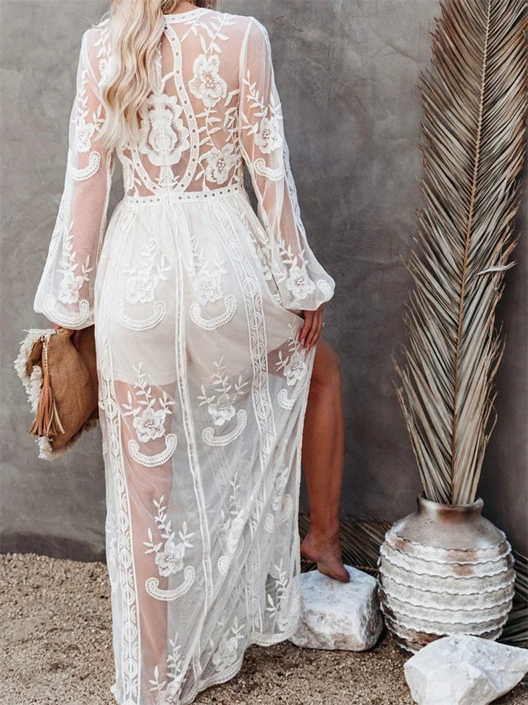 Amy Fashion - Lace Floral Mesh See Through    Summer Deep V-neck  Lantern Sleeve Beach Female Vestidos