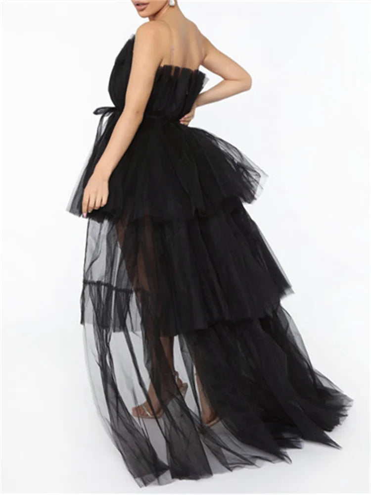 Amy Fashion - Mesh Sheer Elegant Women Formal Ball Gown  Strapless Off Shoulder High Waist Asymmetrical Hem Tulle