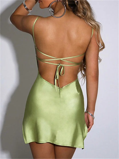 Amy Fashion - Sexy Satin Sleeveless Strap Summer Solid Bandage Backless Mini Dress