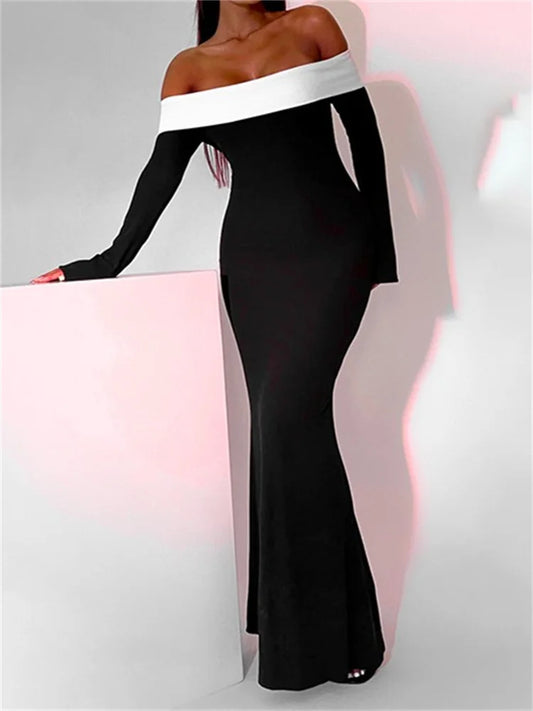 Amy Fashion - Sexy Women Slash Neck Off Shoulder   Sleeve Contrast Color Slim Fit Party Formal Female Vestidos