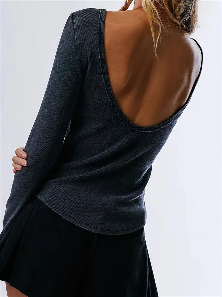 Amy Fashion - Casual Ribbed Long Sleeve Solid Slim Fit Backless T-Shirts