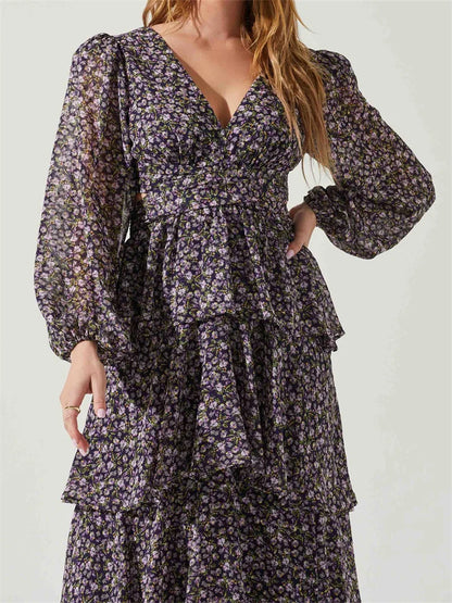 Amy Fashion - Women High Split Floral Print   Puff Sleeve V Neck Layered Ruffles Hem Spring Fall Vestidos