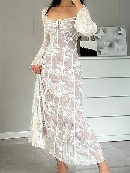 Amy Fashion - Women Lace Flower  Flare Sleeve Square Neck Tie-up  Spring Fall Solid Party Female Vestidos