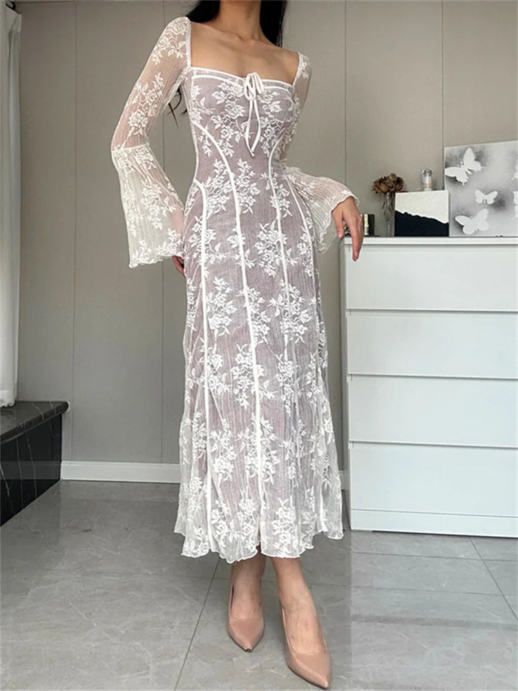 Amy Fashion - Women Lace Flower  Flare Sleeve Square Neck Tie-up  Spring Fall Solid Party Female Vestidos