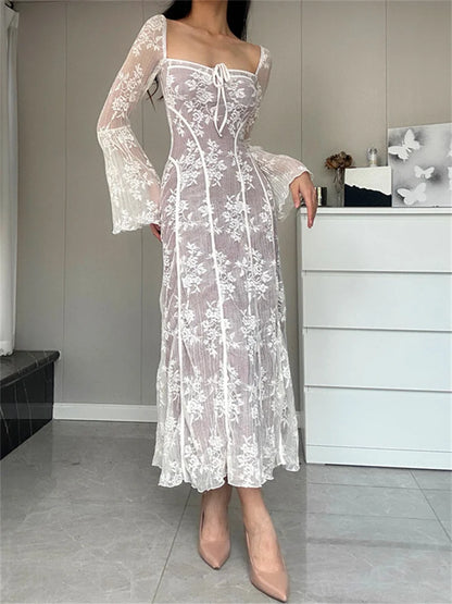 Amy Fashion - Women Lace Flower  Flare Sleeve Square Neck Tie-up  Spring Fall Solid Party Female Vestidos