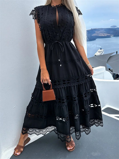 Amy Fashion - Women Lace Hollow Out   Sleeve Front Buttons Up V-Neck Patchwork Loose Party Female Vestidos