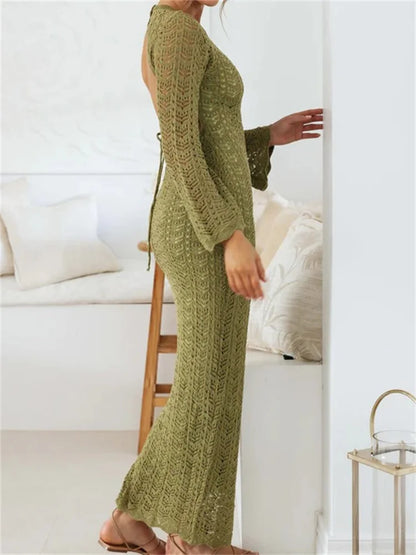 Amy Fashion - Women   Sleeve Round Neck Backless Tie-up Hollow Out Cocktail Spring Autumn Female Vestidos