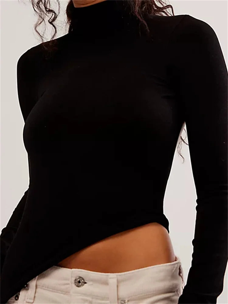 Amy Fashion - Long Sleeve High Neck Backless Slim Fit Solid Color T-Shirts