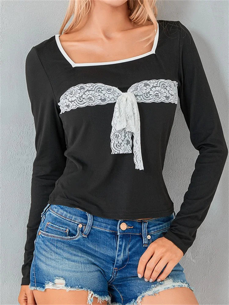 Amy Fashion - Lace Patchwork Square Neck Tie-Up Square Neck T-Shirts