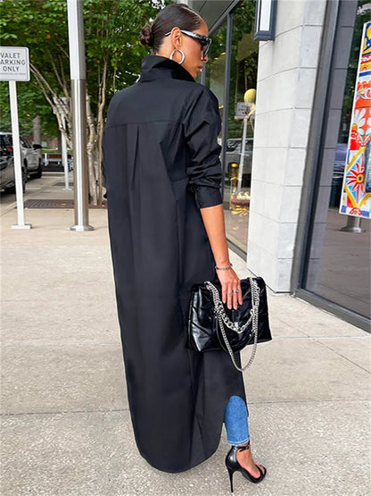 Amy Fashion - Women Loose Casual Kaftan   Shirts  Solid  Sleeve Lapel Single-breasted  Female Vestidos