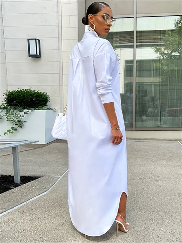 Amy Fashion - Women Loose Casual Kaftan   Shirts  Solid  Sleeve Lapel Single-breasted  Female Vestidos