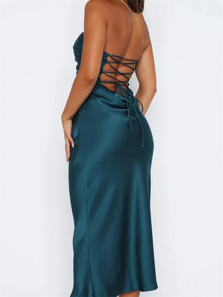 Amy Fashion - Women Sexy Strapless Backless  Low Cut Off Shoulder Tube Party Satin Female Vestidos Streetwear