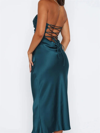 Amy Fashion - Women Sexy Strapless Backless  Low Cut Off Shoulder Tube Party Satin Female Vestidos Streetwear