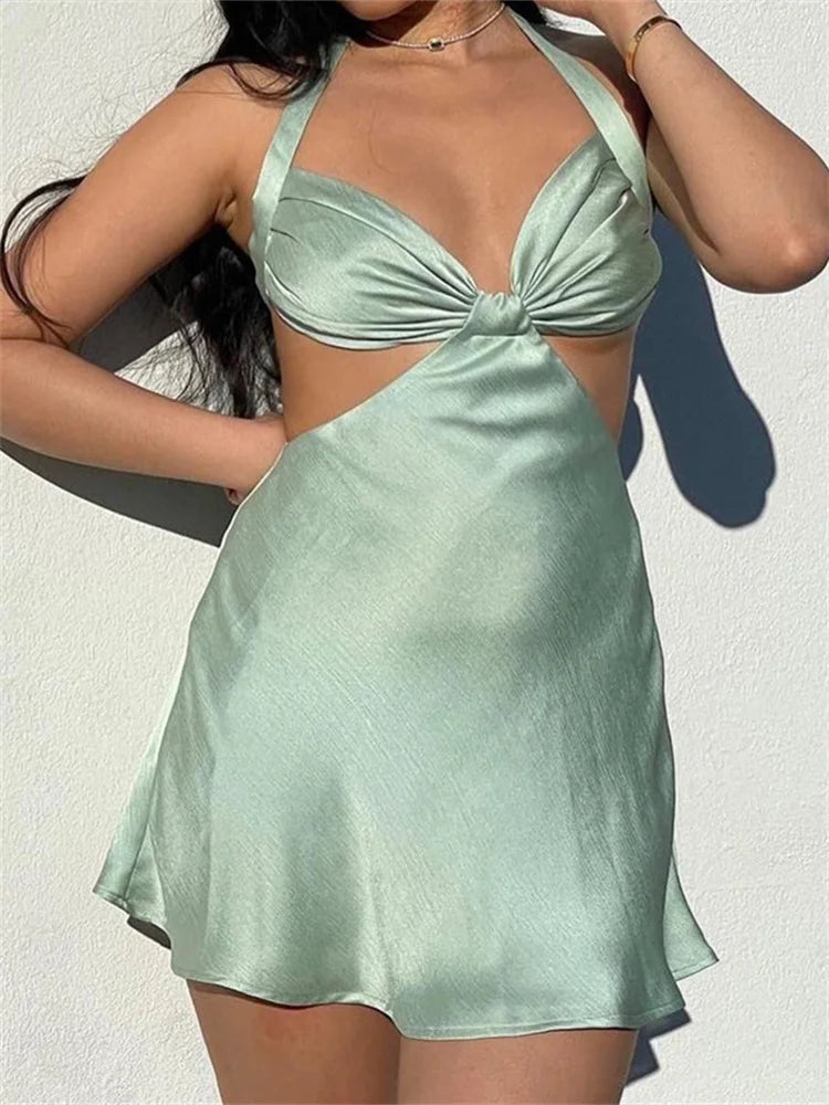 Amy Fashion - Spaghetti Strap Backless Satin Halter Hollow Out Mini Dress