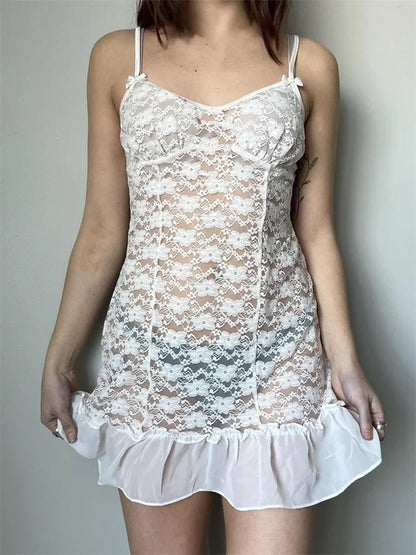 Amy Fashion - Lace Floral Mesh See Through Sling Summer Mini Dress