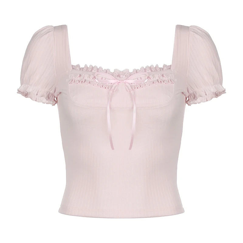 Cute Coquette Pink Kawaii Ruched Stitching Square Collar White Short Sleeve Y2k Crop Top