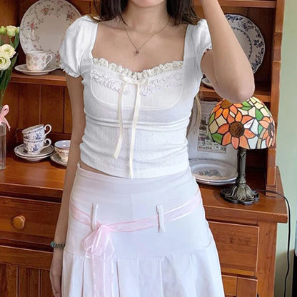 Cute Coquette Pink Kawaii Ruched Stitching Square Collar White Short Sleeve Y2k Crop Top