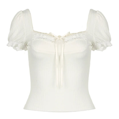 Cute Coquette Pink Kawaii Ruched Stitching Square Collar White Short Sleeve Y2k Crop Top