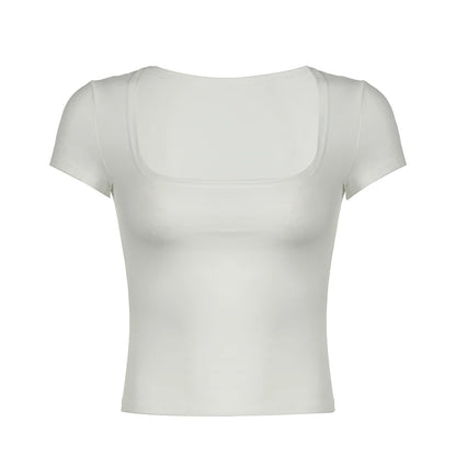 Solid Slim Fitting Square Collar White Short Sleeve Skinny Basic Summer Crop Top