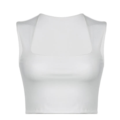 Solid Square Collar Casual Sleeveless Slim White Basic Summer Vintage Crop Top