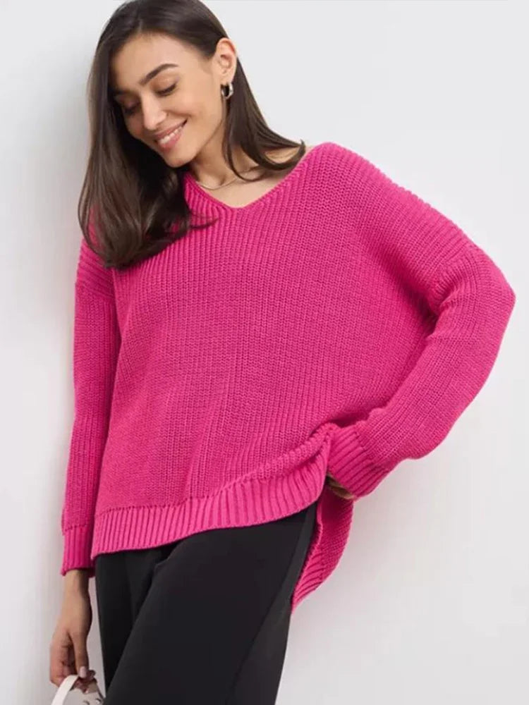 Casual Knitted Women Solid V-neck Long Sleeve Pullover 2024 Autumn Winter Soft Match All Sweater