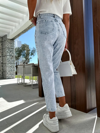 Amy Fashion - Casual Ripped Hole Women High Waist Fashion Denim 2024 Elegant Star Printed Streetwear Long Jean