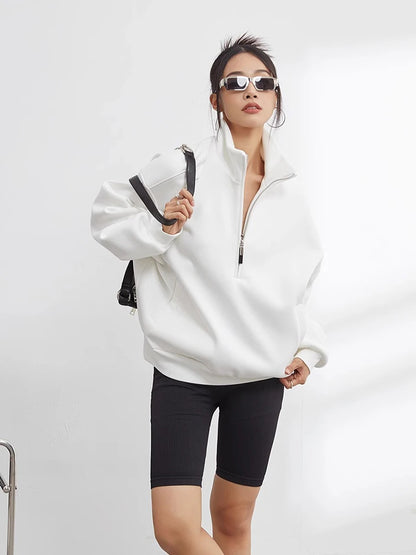 Casual Half Zip Oversized Solid Color Stand Collar Long Sleeve Hoodie