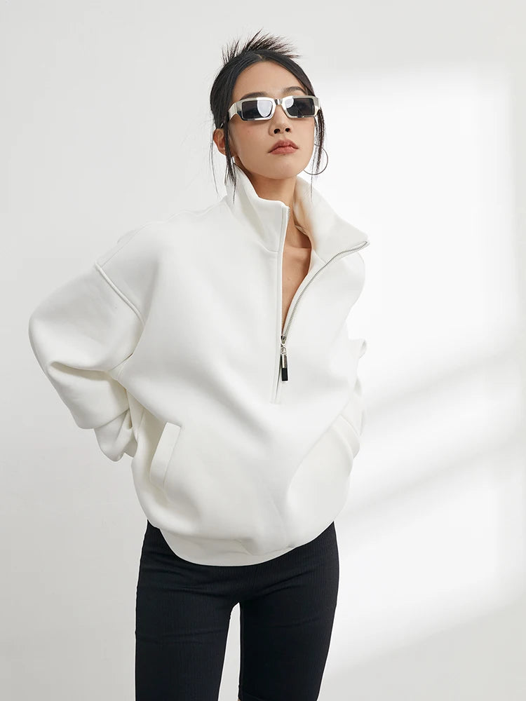 Casual Half Zip Oversized Solid Color Stand Collar Long Sleeve Hoodie