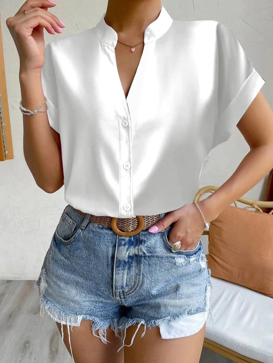 Casual Solid Office Lady Short Sleeve Slim White Blouse