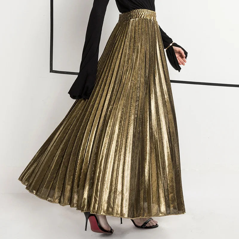 Check Pleated Maxi High Waist Large Swing Gold Long Skirt