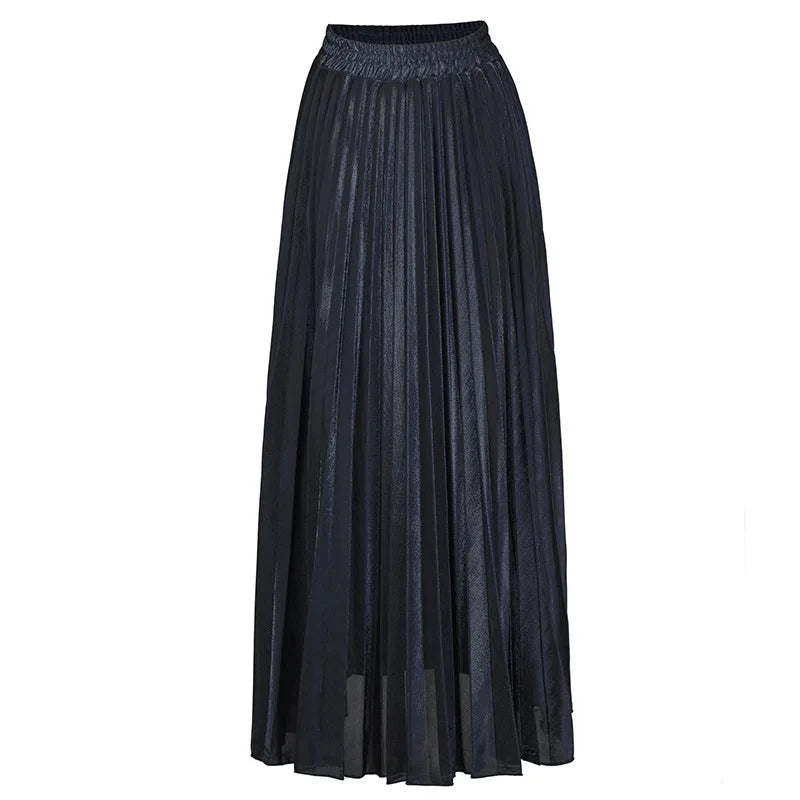 Check Pleated Maxi High Waist Large Swing Gold Long Skirt